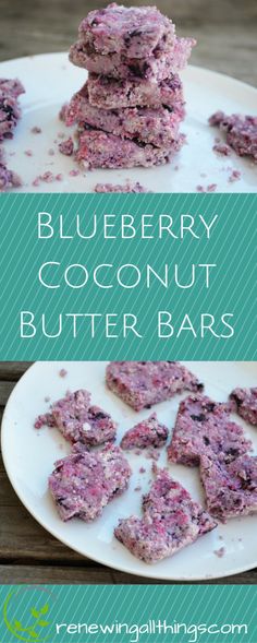 blueberry coconut butter bars stacked on top of each other with the text overlay