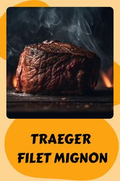 a piece of steak sitting on top of a wooden table next to a yellow sign