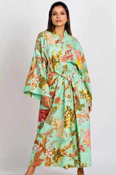 green floral robe for women Green Kimono, Mode Kimono, Long Sleeve Kimono, Kimono Robes, Beautiful Kimonos, Cotton Kimono, Womens Kimono, Long Kimono, Bridesmaid Robes