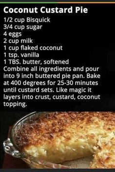 the recipe for coconut custard pie is shown in an image above it's description