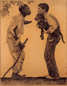 a drawing of two men talking to each other