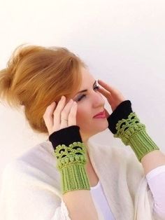 "Alpaca boho gloves Crochet hand cuffs Angora mittens Hand knit gloves These arm warmers womens with the Green wrist side and the Black finger side are so soft and cozy! You can type on your computer while you wear them, paint, take photographs and even drive in them, and your hands will always be warm. They are made out of wool acrylic blend yarn and mohair yarn and are a great gift idea for the upcoming holidays. Fits almost all sizes. They are 6.7 \" long (17 cm) The Finger side and the Wrist Fingerless Mittens Crochet, Mittens Crochet, Gloves Crochet, Fingerless Gloves Crochet Pattern, Hand Cuffs, Half Finger Gloves, Boot Cuff, Texting Gloves, 2 Hands