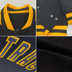 Features: 1. Full-snap front 2. Material: 100% Poly wool 3. Stitched team or player name and numbers 4. Stand-up collar & Fabric lining 5. Two front pockets & Two interior slip pocket 6. Rib-knit collar, cuffs and waistband 7. Midweight jacket suitable for moderate temperatures 8. Machine wash, tumble dry low (natural air drying recommended) 9. Imported 10. Non-alcoholic Available For Wiping or Washing Fall Black Varsity Jacket With Snap Buttons, Black Varsity Jacket With Letter Patch, Black Winter Outerwear With Letter Patch, Black Cotton Outerwear With Letter Embroidery, Black Varsity Jacket For College With Button Closure, Black Varsity Jacket With Button Closure For College, Black Outerwear With Pockets For College, College Style Black Outerwear With Pockets, Collegiate Black Varsity Jacket For Game Day