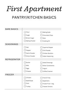 the first apartment pantry / kitchen basics checklist is shown in this printable form