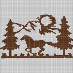 a cross stitch pattern with horses and trees