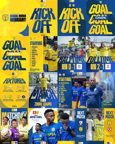 a collage of photos with the words kick off and soccer players in blue and yellow