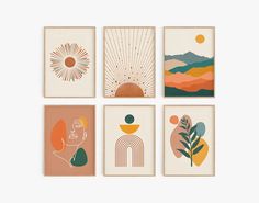 six framed art prints with different shapes and colors