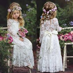 Bridesmaid Clothes, Flower Girl Dresses White, Long Sleeve Summer Dress, Floral Sash, Beige Long Sleeve, Girls Lace Dress, Flower Girl Headbands, White Flower Girl Dresses