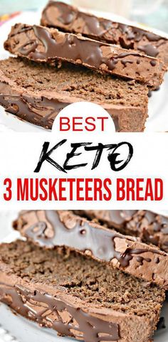 the best keto 3 musketeers bread is on a white plate with chocolate drizzle