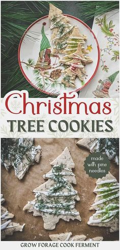 christmas tree cookies on a plate with the title, grow forage cookbook ferment