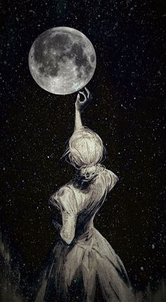 a drawing of a woman holding the moon above her head in front of a night sky