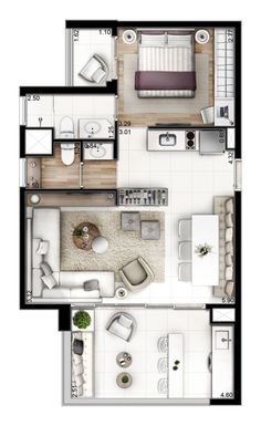 an overhead view of a living room and bedroom in one floor plan, with furniture on the other