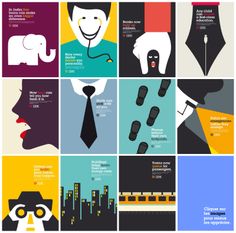 a series of posters with different types of people and things in the same color scheme