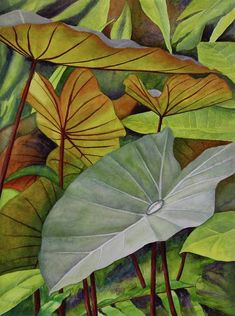 a painting of leaves and flowers on the ground with one large leaf in the foreground