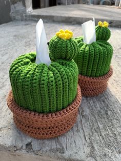 two crocheted cactus pot holders with tissue paper in them sitting on the ground