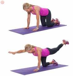 a woman doing an exercise on a purple mat