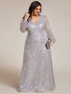 Plus Size V-Neck Lantern Long Sleeve Sequin A-Line Evening Dress #color_Sliver Party Gown Dress, A Line Evening Dress, Radiate Confidence, Evening Dresses Plus Size, Ever Pretty, Long Sleeve Sequin, Glamorous Wedding, Black Tie Event, Silver Dress