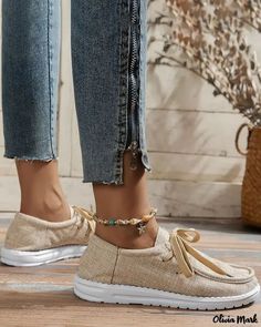 Olivia Mark - Canvas Slip-On Lace-Up Loafers Casual Lace-up Loafers For Spring, Beige Casual Flat Bottom Loafers, Casual Lace-up Loafers For Fall, Studded Shoes, Lace Up Flats, Chunky High Heels, Casual Flat Shoes, Canvas Shoes Women, Buckle Sandals