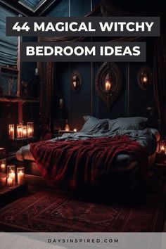 a bedroom with candles on the floor and a bed in the middle that has a red blanket over it