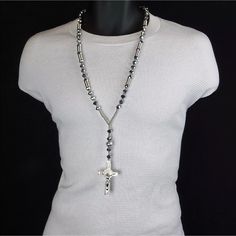 Rosary Length: 32" Circumference Cross Pendant Measurements: 3 Inches Ball Charm To Cross Measurement: 6 Inches Silver Plated With Gray Rhodium Crystals Fashion Jewelry Sets, Discount Jewelry, Hypoallergenic Jewelry, Mens Pendant, Mens Accessories Jewelry, Religious Jewelry