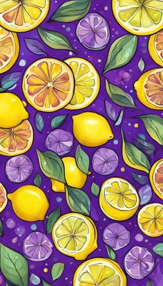 a painting of lemons and grapefruits with leaves on a purple background