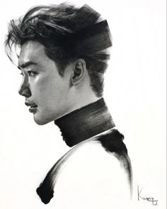 a black and white drawing of a young man