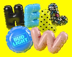 there are many different types of blow - up balloons on this yellow background with the words bud light