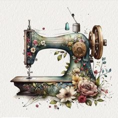 Vintage Sewing Watercolor Clipart Sewing Artwork, Sewing Clipart, Vintage Applique, Beautiful Flower Designs, Watercolor Graphic, Antique Sewing Machines, Vintage Sewing Machine, Sewing Art, Appliqué Patch