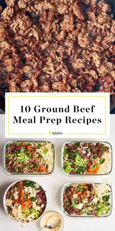 ground beef meal prepped and ready to be cooked in the oven with text overlay that reads, 10 ground beef meal prepped meals