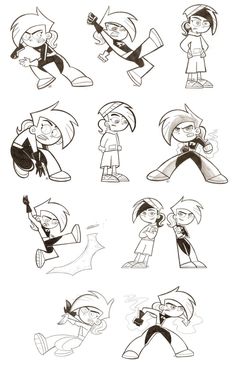 some cartoon characters are drawn in black and white