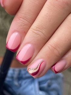 Short, dark red French tips with swirls French Tips With Swirls, Dark Red French Tips, Korean Winter Style, Burgundy And Gold Nails, Short Red Nails, Plum Nails, Korean Winter, Gold Nail Polish, Gold Nail Designs