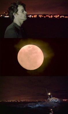 a man is looking up at the moon in the night sky and an image of a boat on the water