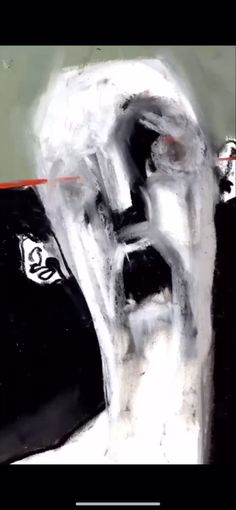 an abstract painting of a man's face in black, white and red colors