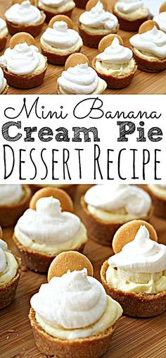 mini banana cream pie dessert recipe on a cutting board with the title in the middle