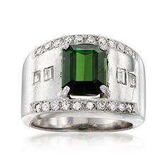 Ross-Simons - C. 1980 Vintage 2.50ct Green Tourmaline, .65ct t. w. Diamond Ring Size 5.5. C. 1980. Featuring a stately silhouette decorated with utterly regal gems, this Estate collection ring will add the perfect dash of sophistication to any formal ensemble. The 2.50 carat emerald-cut green tourmaline centerpiece beams a deeply saturated hue amid glimmering trails of .65 ct. t. w. baguette and round diamonds. Crafted in 14kt white gold. 1/2" wide. Diamond and green tourmaline ring. Exclusive, Jewelry Presentation, Antique Jewelry Rings, Green Tourmaline Ring, Gold C, Tourmaline Ring, Green Tourmaline, Diamond Stone, Emerald Cut, Estate Jewelry