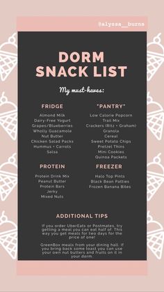 the dorm snack list is shown in pink and black