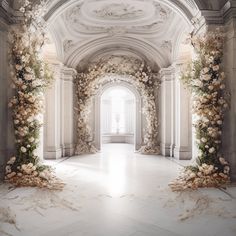 an archway decorated with flowers and greenery is shown in this artistic photo from the inside