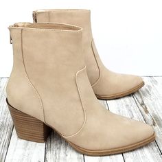 Step Out In These Newly Arrived Stylish Ankle Boots New In Box Vegan Nubuck Material Pointed Toe Back Zipper For Easy Shoe Removal Lightly Padded Insole Low Stacked Heels Heel Height: 2.75 In. Fitting: True To Size. Regular Foot Width. Beige Ankle Booties With Stacked Heel, Beige Stacked Heel Ankle-high Booties, Beige Ankle-high Booties With Stacked Heel, Western Ankle Boots, Ethical Shopping, Stacked Heel, Wheat, Bootie Boots, Heel Height