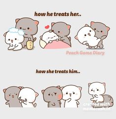 some cute little cats with different expressions on their faces and the words how he treats her