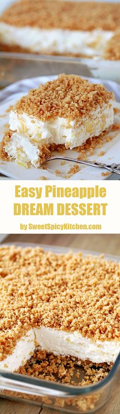 an easy pineapple dream dessert in a glass dish with crumbs on top