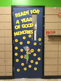 a door decorated with the words ready for a year of good memories and a cartoon character