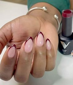 Dark Maroon French Tip Nails, Ted French Tip Almond Nails, Dark Red Tip Nails Almond, Fall Nails Almond French Tip, Oval Nails With French Tip, Short Almond Wine Red Nails, Almond Shape Nails Dark, Almond Nails Burgundy French Tip, Wine French Tip Nails Almond