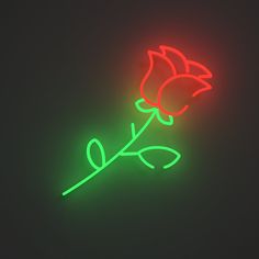 a neon sign with a single rose on it's side in front of a dark background