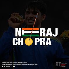 a man holding a medal in his right hand and wearing a blue jacket with the words ne - raj cho pra on it