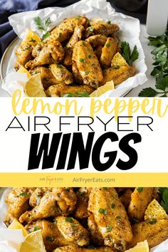 lemon pepper air fryer wings on a plate with the title overlay above it