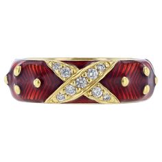 This ring is made in 18K yellow gold and red enamel. It features a center "X" with 9 round cut diamonds weighing 0.14 carat combined. Along with 8 yellow gold beads. Luxury Red Diamond Ring With Single Cut Diamonds, Luxury Red Diamond Ring With Polished Finish, Red Enamel Elegant Rings, Luxury Red Rings With Diamond Accents, Elegant Red Enamel Ring, Yellow Gold Enamel Diamond Ring, Luxury Gold Enamel Ring With Single Cut Diamonds, Yellow Gold Enamel Ring With Single Cut Diamonds, Yellow Gold Rings With Diamond Accents And Enamel