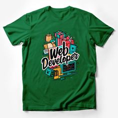 This vibrant Web Developer T-shirt is the perfect attire for tech enthusiasts and coding professionals alike. It features a lively and colorful graphic that celebrates the world of web development, including icons like a coffee mug, computer screen, and code snippets. Made with comfortable material, it's a great gift for programmers, web designers, or anyone who loves to create in the digital space. Whether it's for casual wear or a special geek gathering, this tee is sure to make a statement an Casual Green T-shirt With Print, Casual Green Printed T-shirt, Green Cotton T-shirt With Print, Green Short Sleeve Shirt With Graphic Design, Gifts For Programmers, Geek Fashion, Web Designers, Web Developer, Funny Graphic Tees