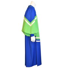 a blue and green priest's robe on a white mannequins head