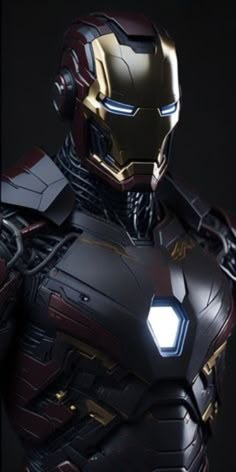 a close up of a iron man figure with light on it's head and chest