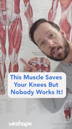 a man standing in front of a poster with muscles and text that reads, this muscle saves your knees but nobody works it